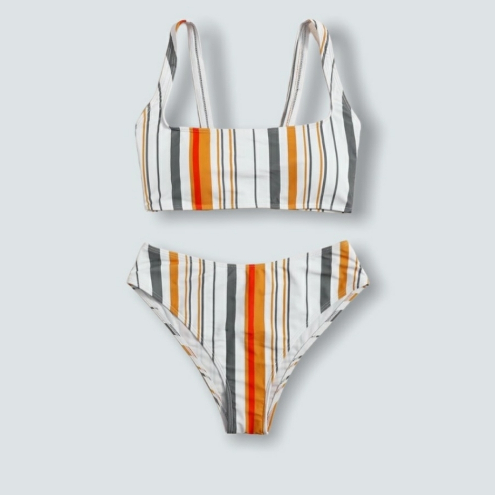 **3/$15**SHEIN Woman's Striped Orange Yellow Gray White High Cut Bikini - Picture 1 of 4